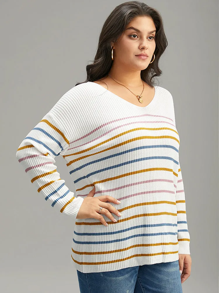 Colour Striped V Neck Back Cut Out Pullover