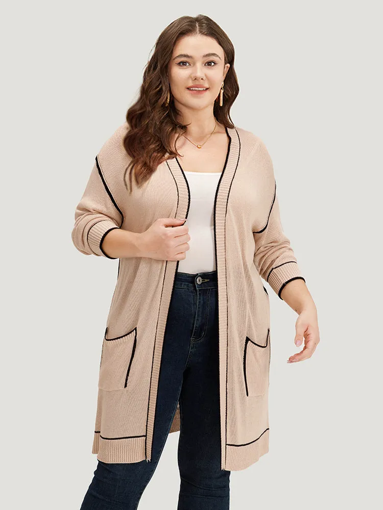 Contrast Trim Patched Pocket Drop Shoulder Cardigan