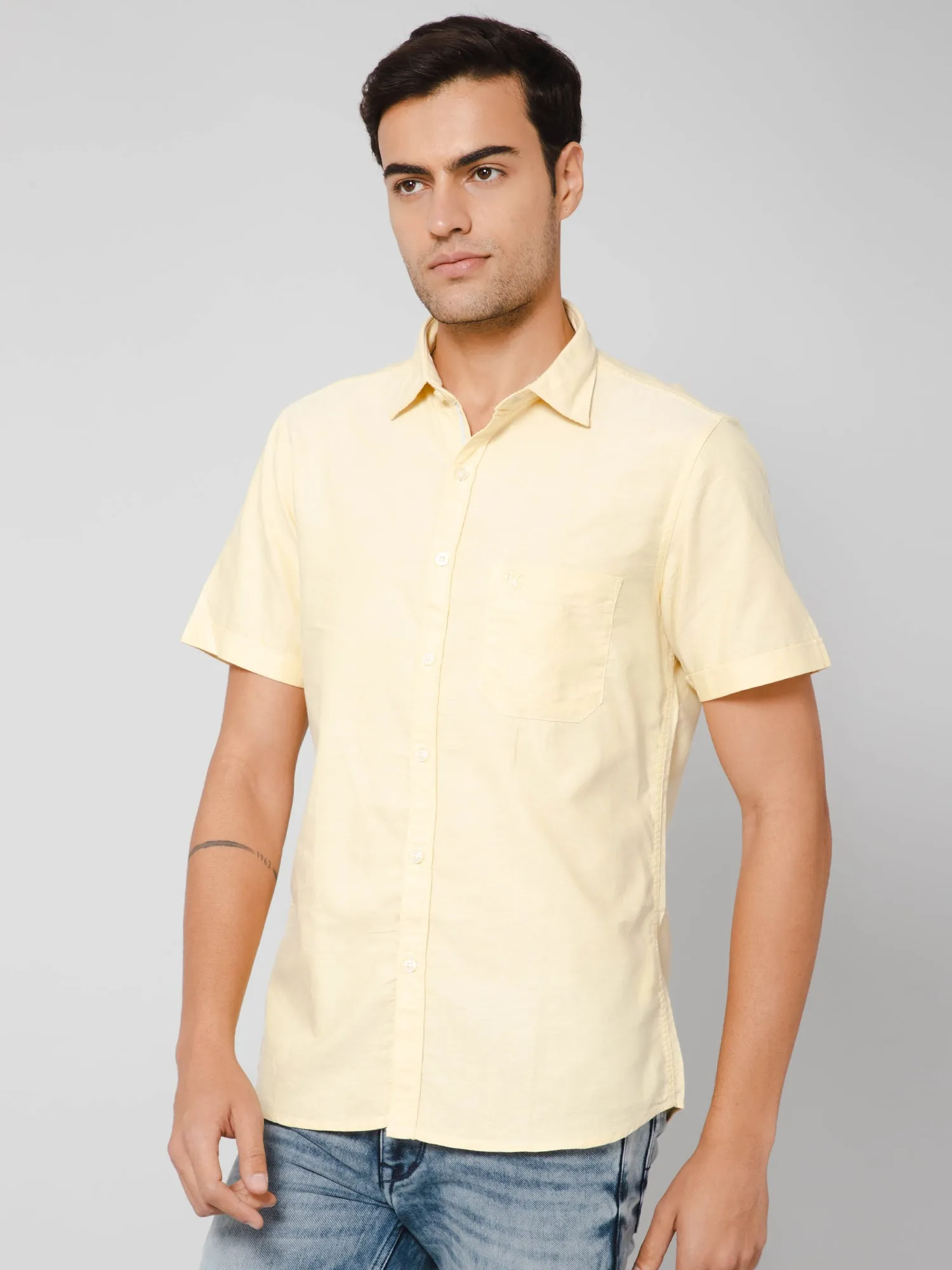 Cotton Solid Yellow Half Sleeve Regular Fit Casual Shirt for Men with Pocket