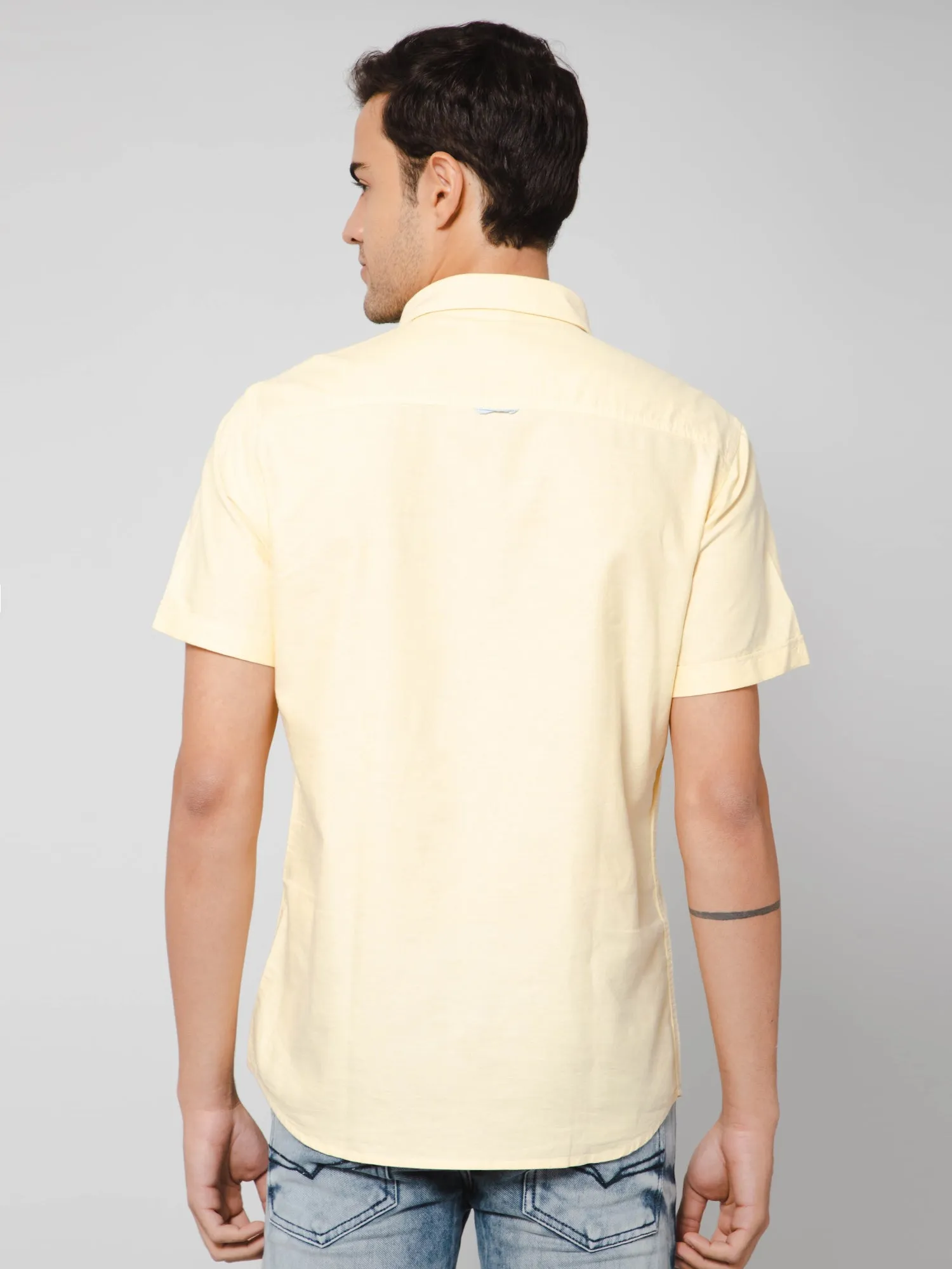 Cotton Solid Yellow Half Sleeve Regular Fit Casual Shirt for Men with Pocket