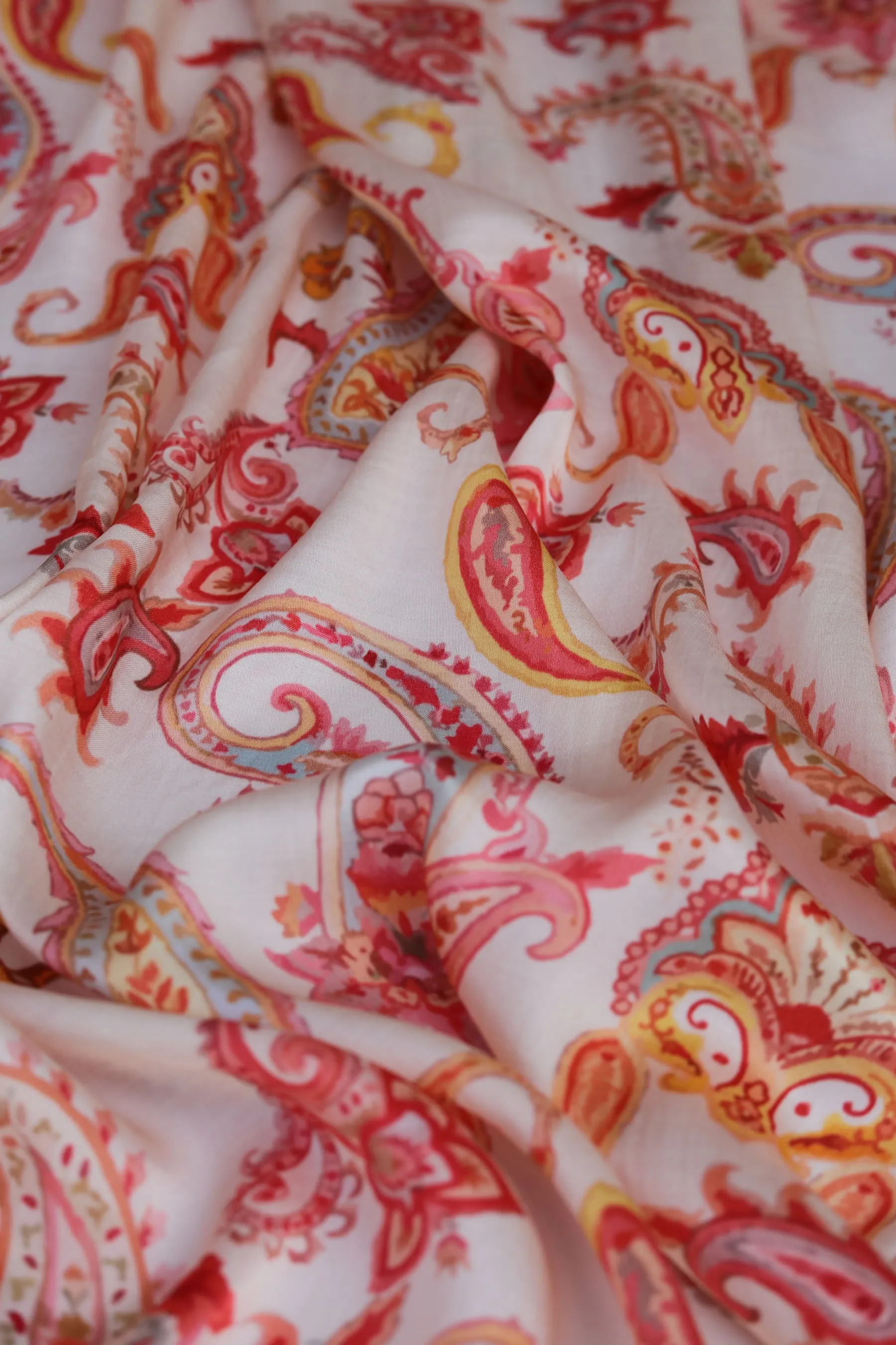 Cream Deco Paisley Printed Gaji Silk Fabric