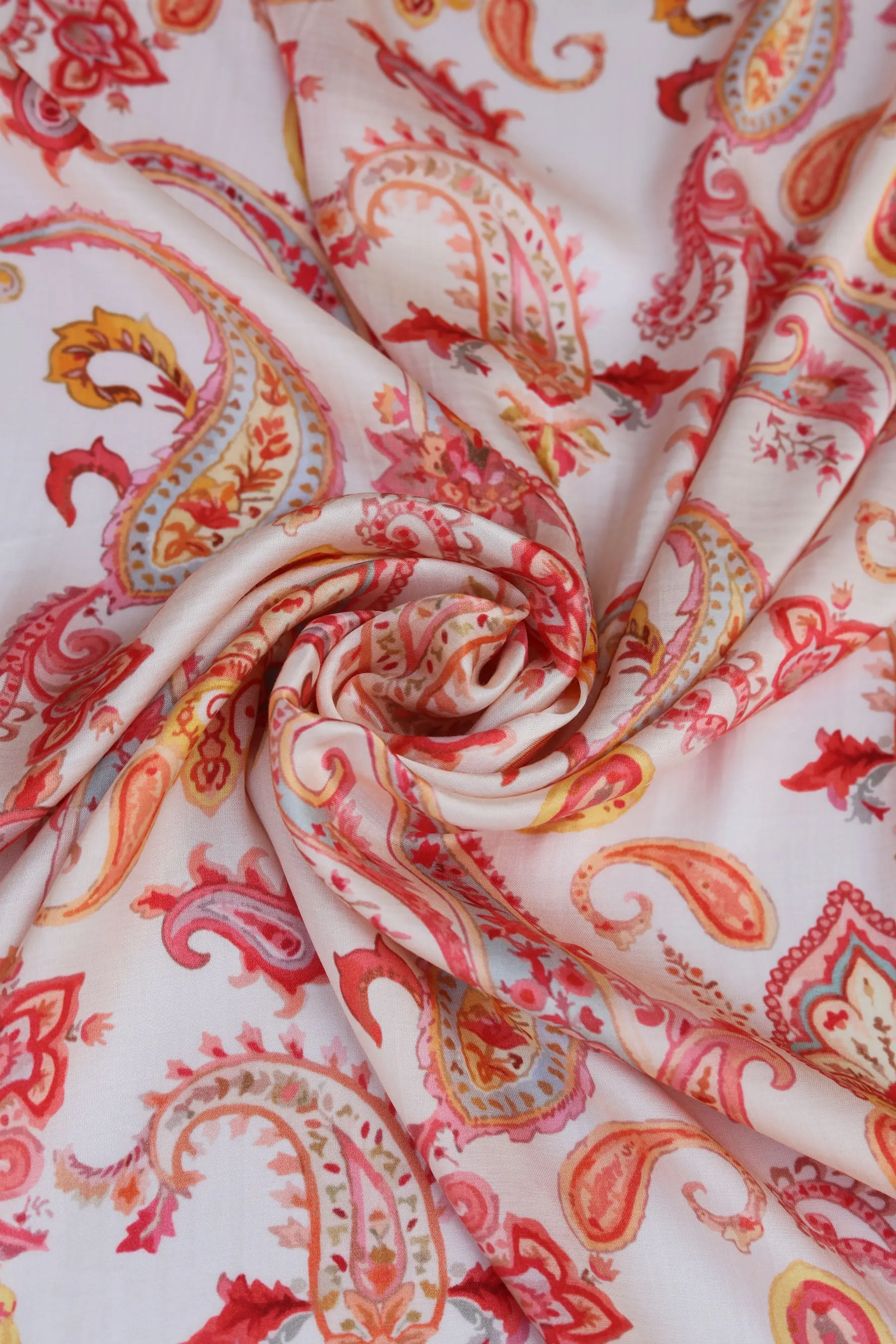 Cream Deco Paisley Printed Gaji Silk Fabric