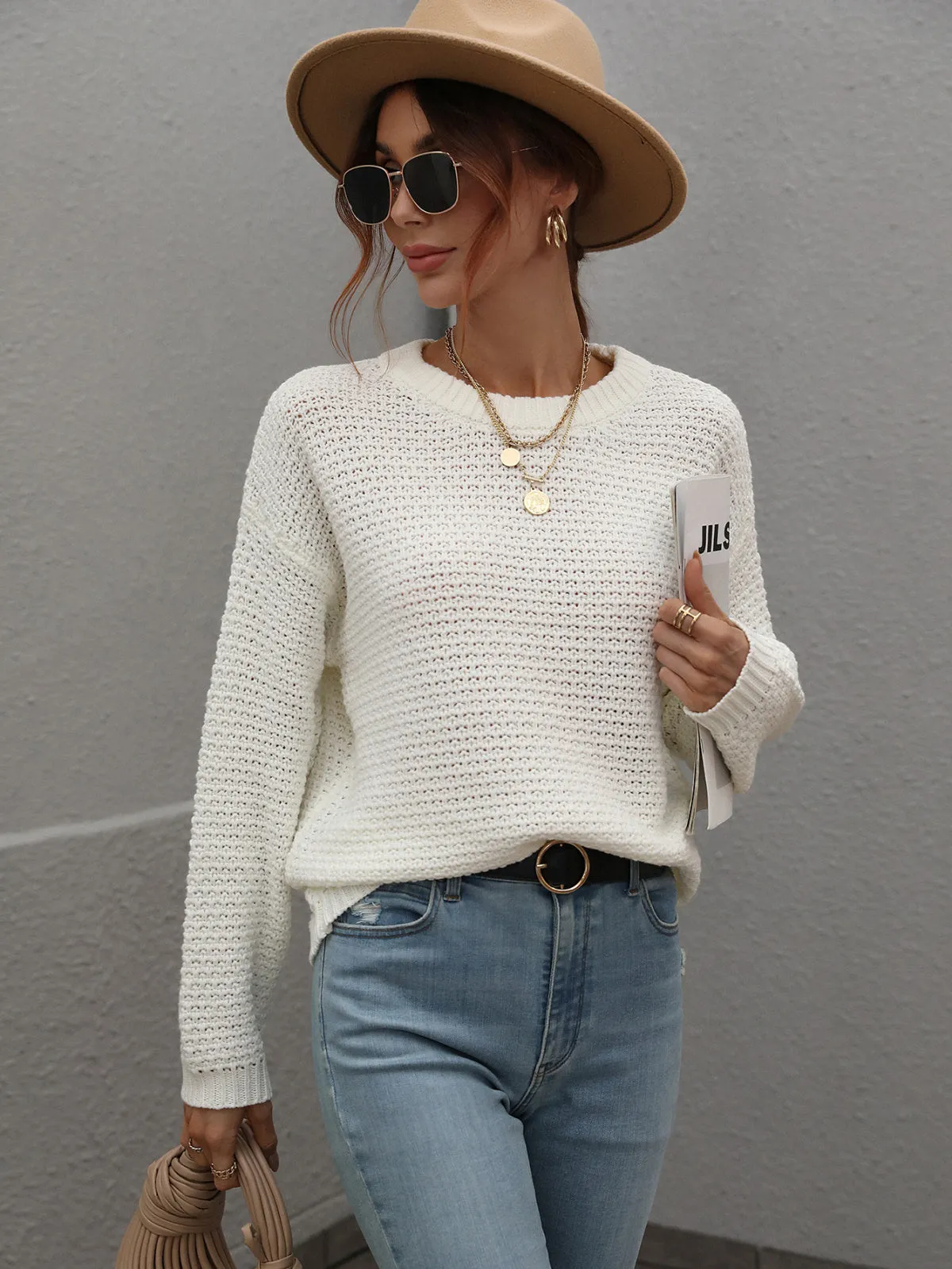 Crew Neck Long Sleeve Crocheted Sweater