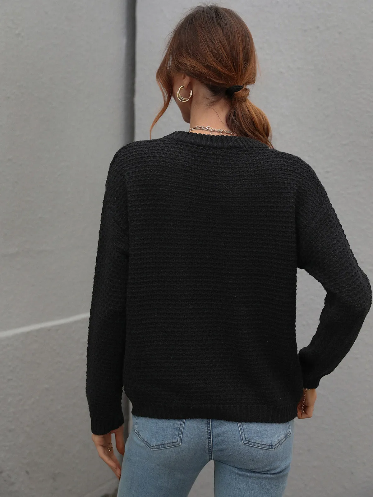 Crew Neck Long Sleeve Crocheted Sweater