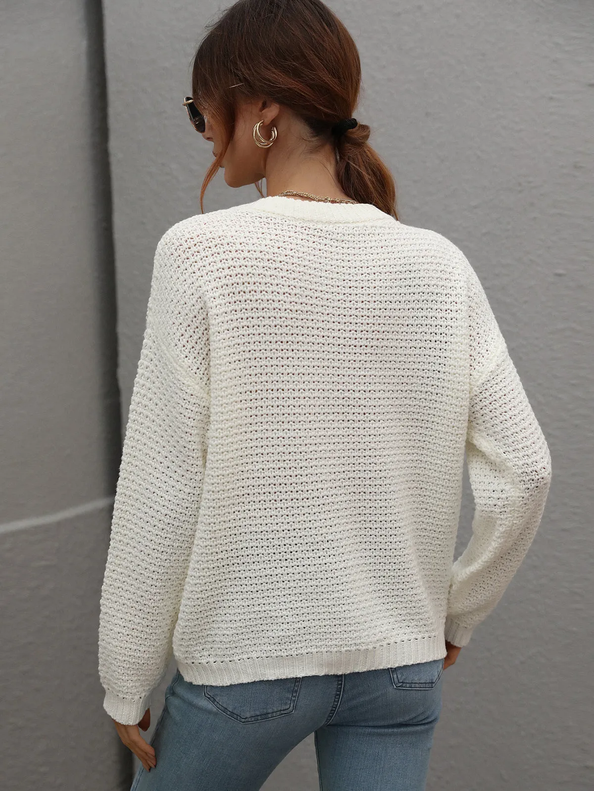 Crew Neck Long Sleeve Crocheted Sweater