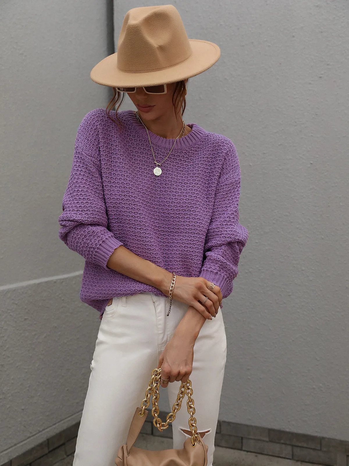 Crew Neck Long Sleeve Crocheted Sweater