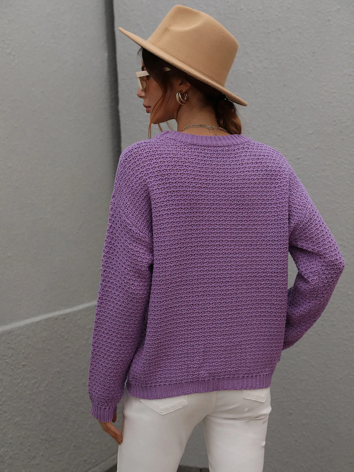 Crew Neck Long Sleeve Crocheted Sweater