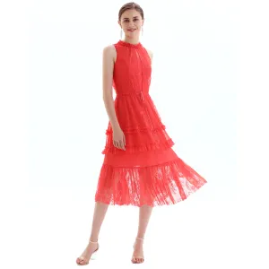 D091 Women flower lace sleeveless ruffled detail tiered midi evening dress