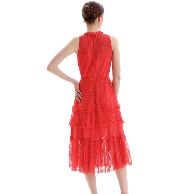 D091 Women flower lace sleeveless ruffled detail tiered midi evening dress