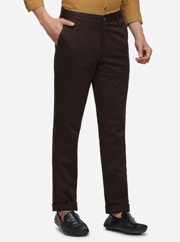 Dark Brown Solid Slim Fit Casual Trouser | Greenfibre