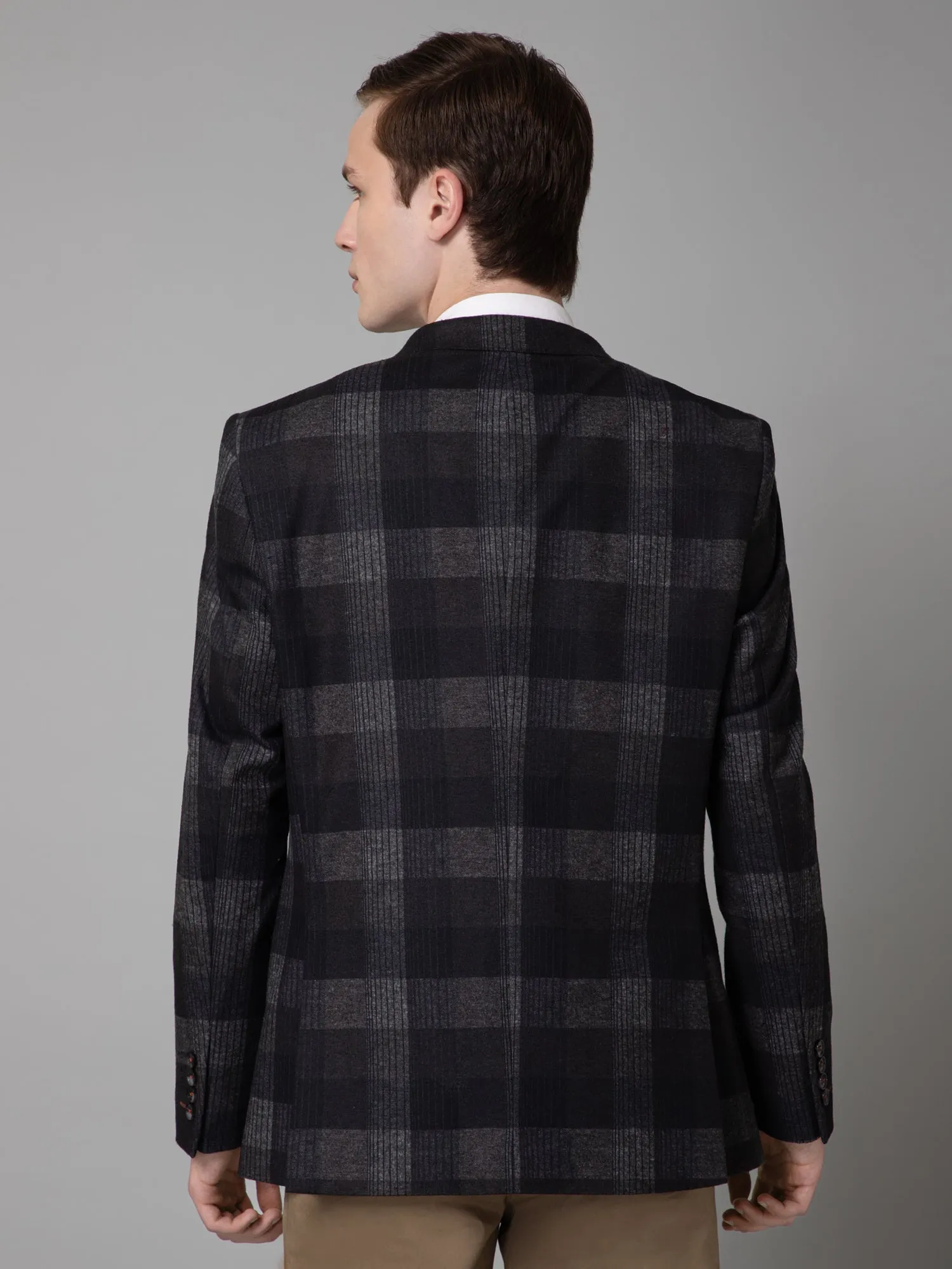 Dark Grey Brushed Checkered Full Sleeves Casual Blazer For Men