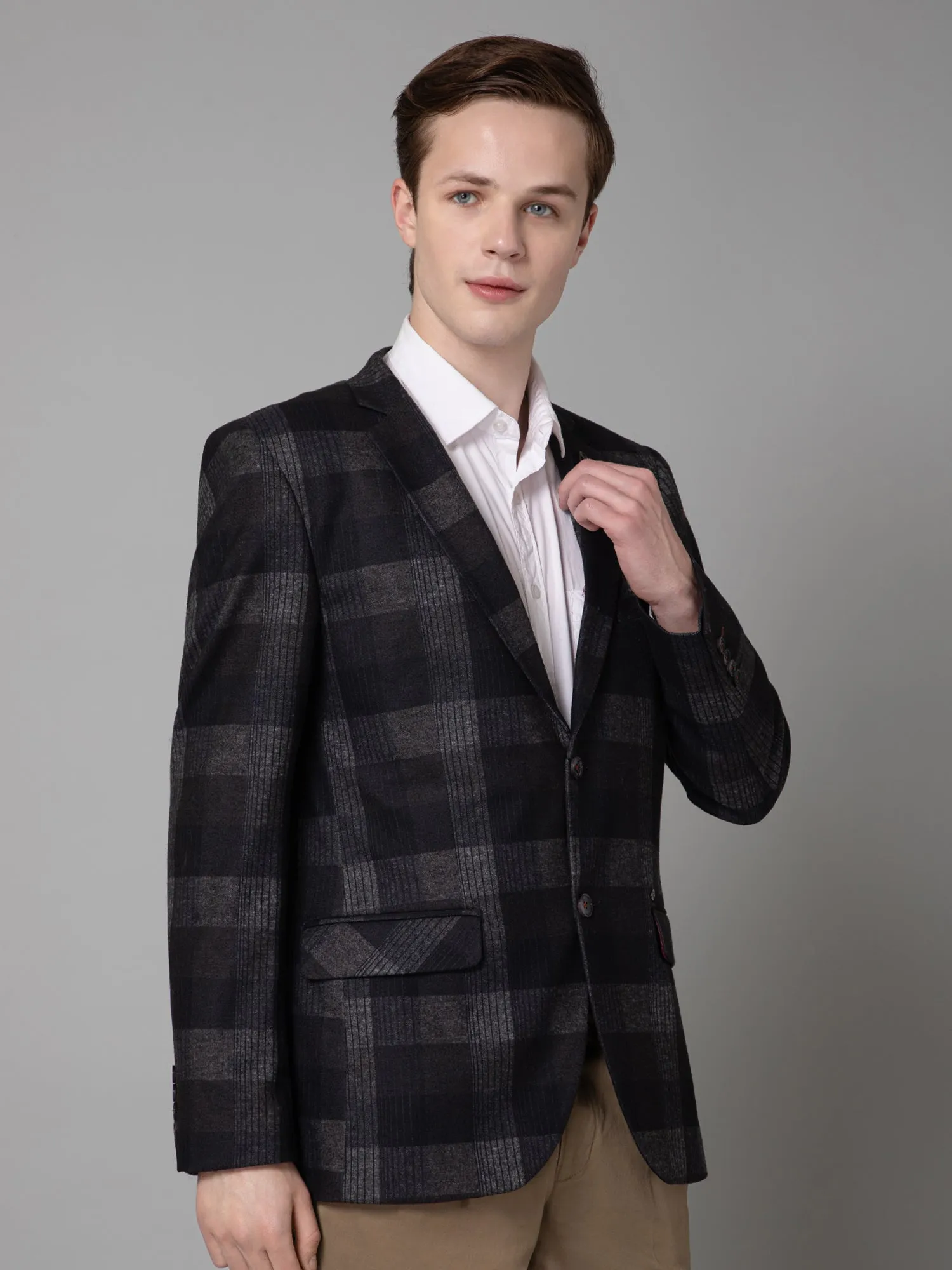 Dark Grey Brushed Checkered Full Sleeves Casual Blazer For Men