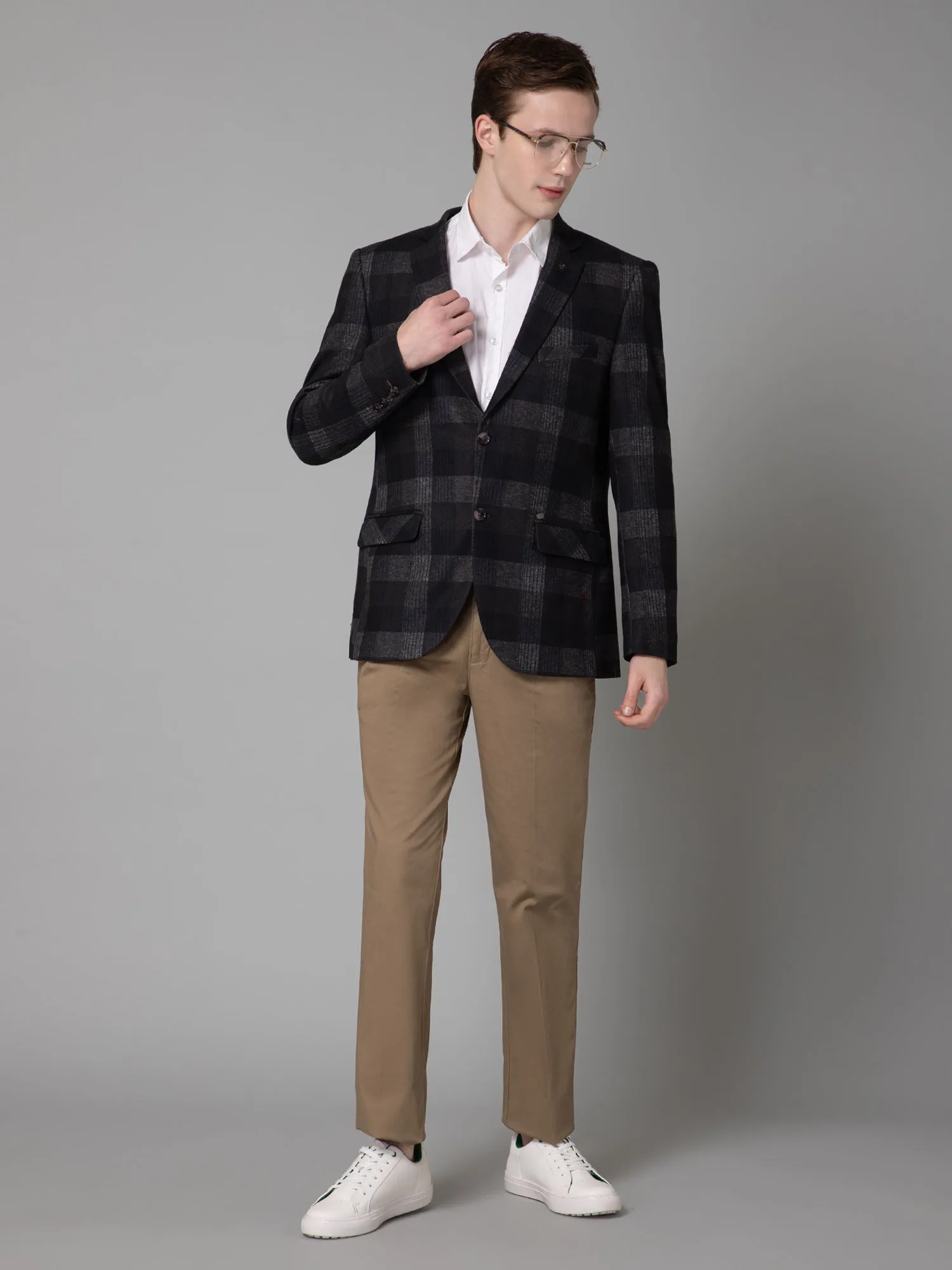 Dark Grey Brushed Checkered Full Sleeves Casual Blazer For Men