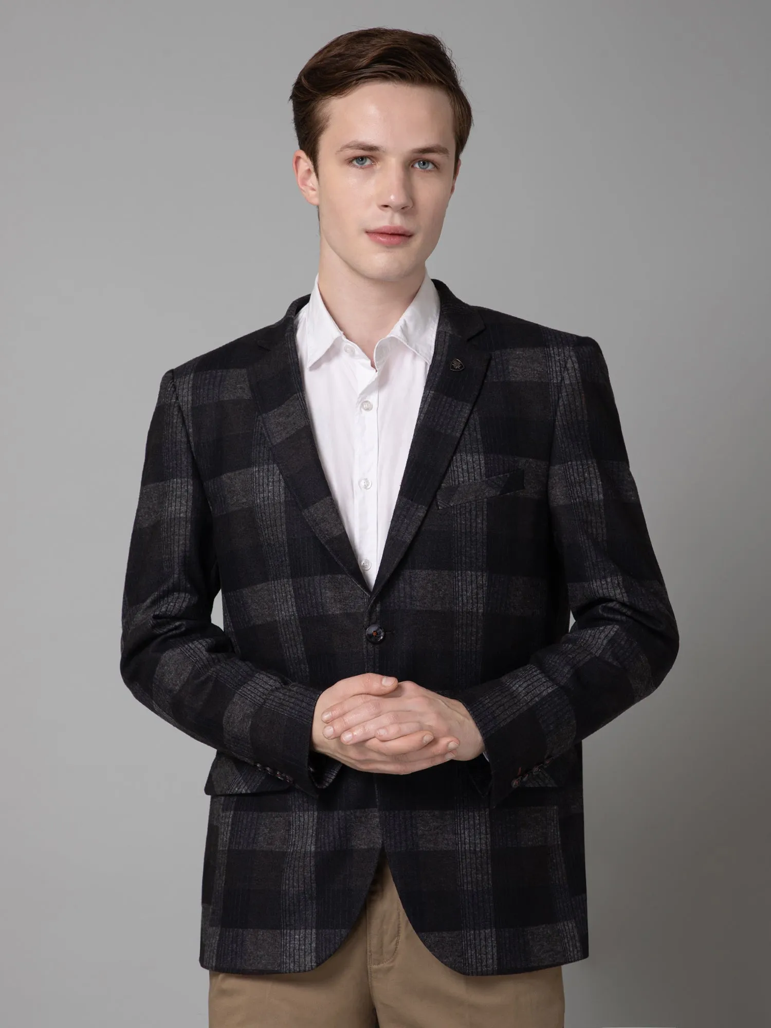 Dark Grey Brushed Checkered Full Sleeves Casual Blazer For Men