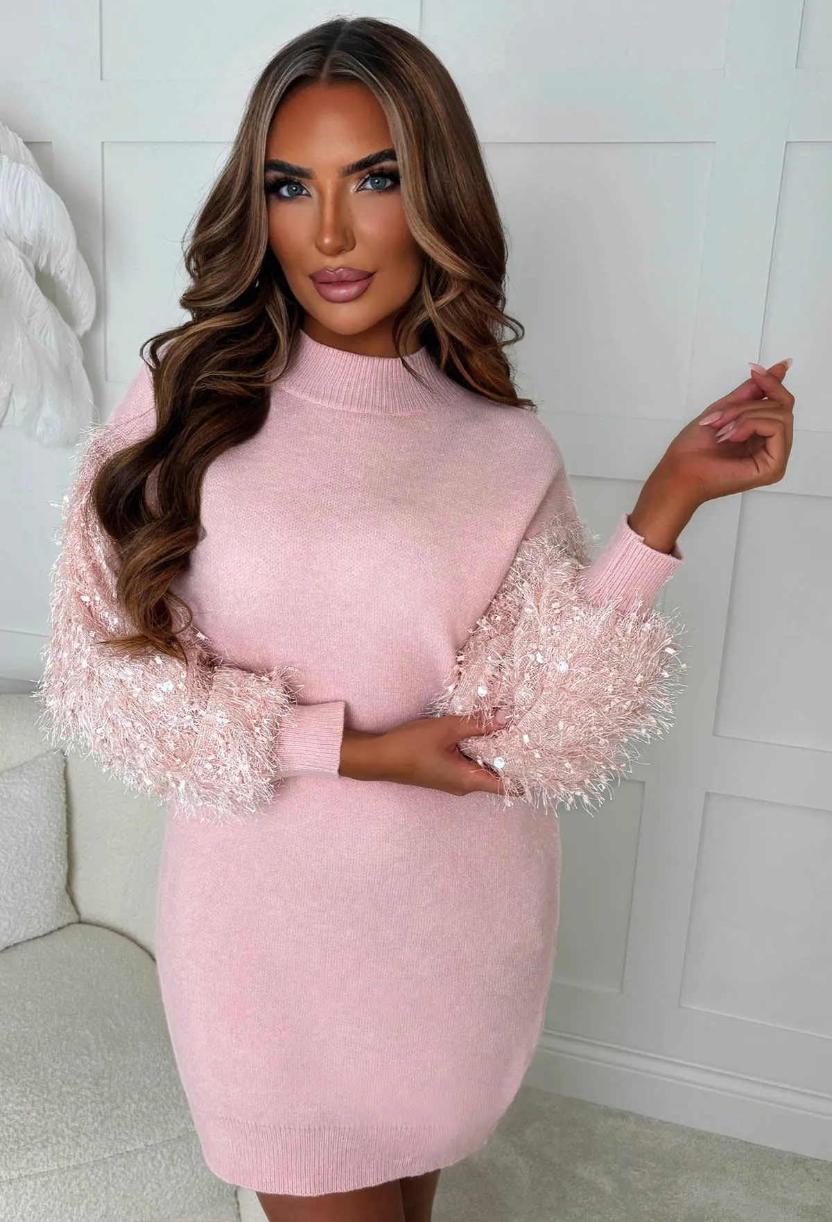 Decade Classics Baby Pink Knitted Textured Sleeve Dress