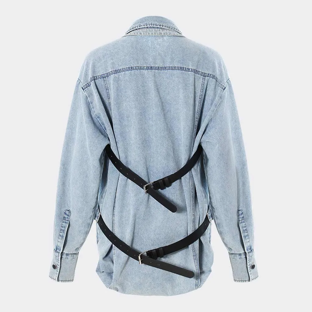 Deconstructed Layer Reversible Button Up Strap Backless Denim Vest Jacket