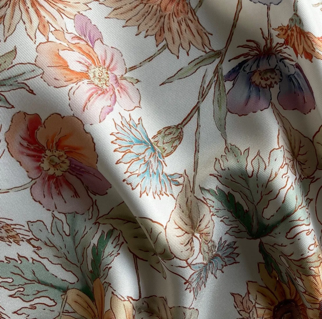 Designer Delicate Wildflowers on Natural Silk Twill (Made in Italy)