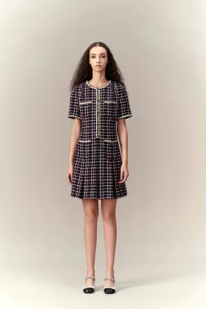 Dignified Pleat-detailed Tweed Dress