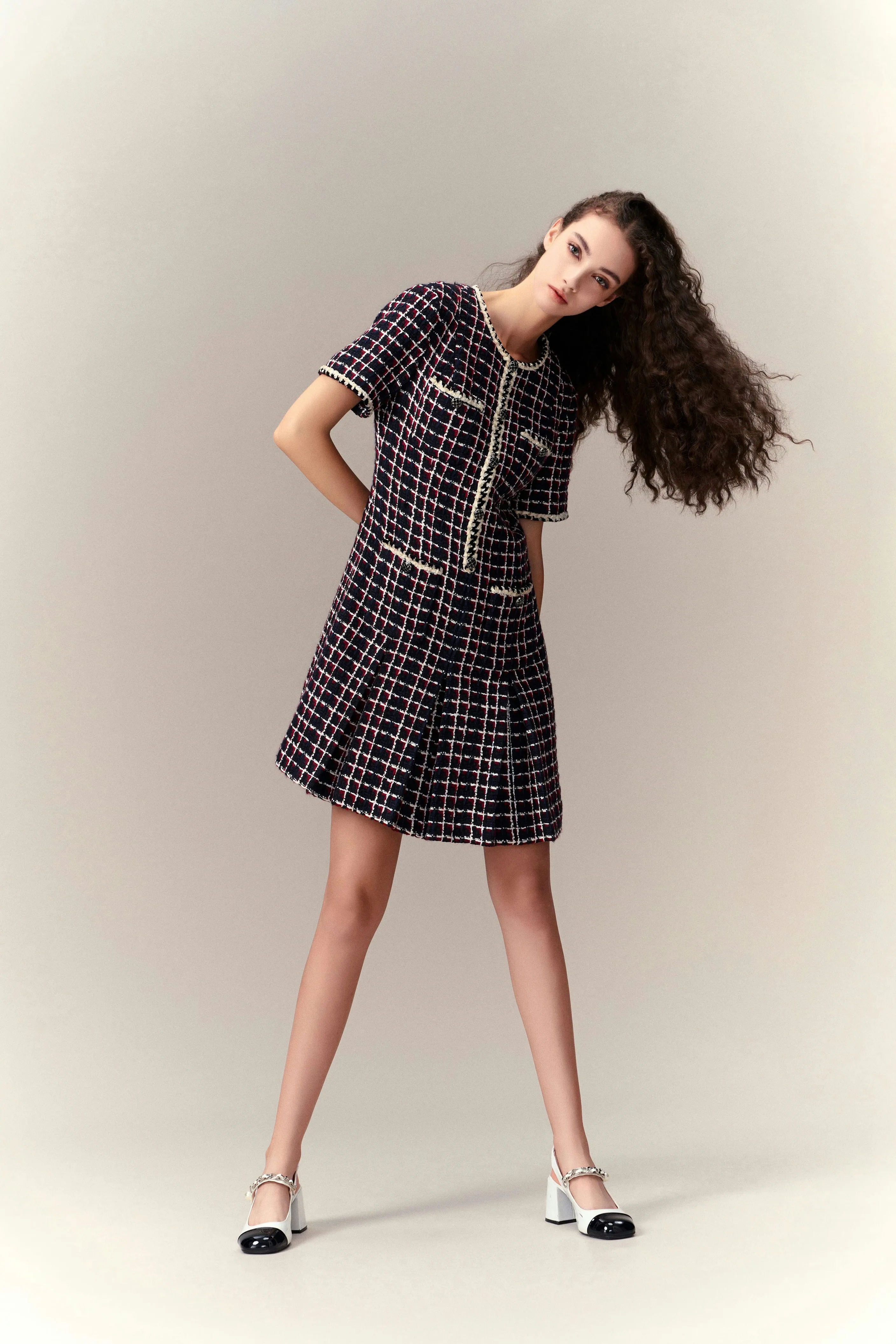 Dignified Pleat-detailed Tweed Dress