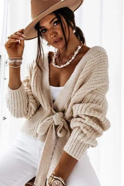 Front Belted Puff Sleeve Cropped Cardigan