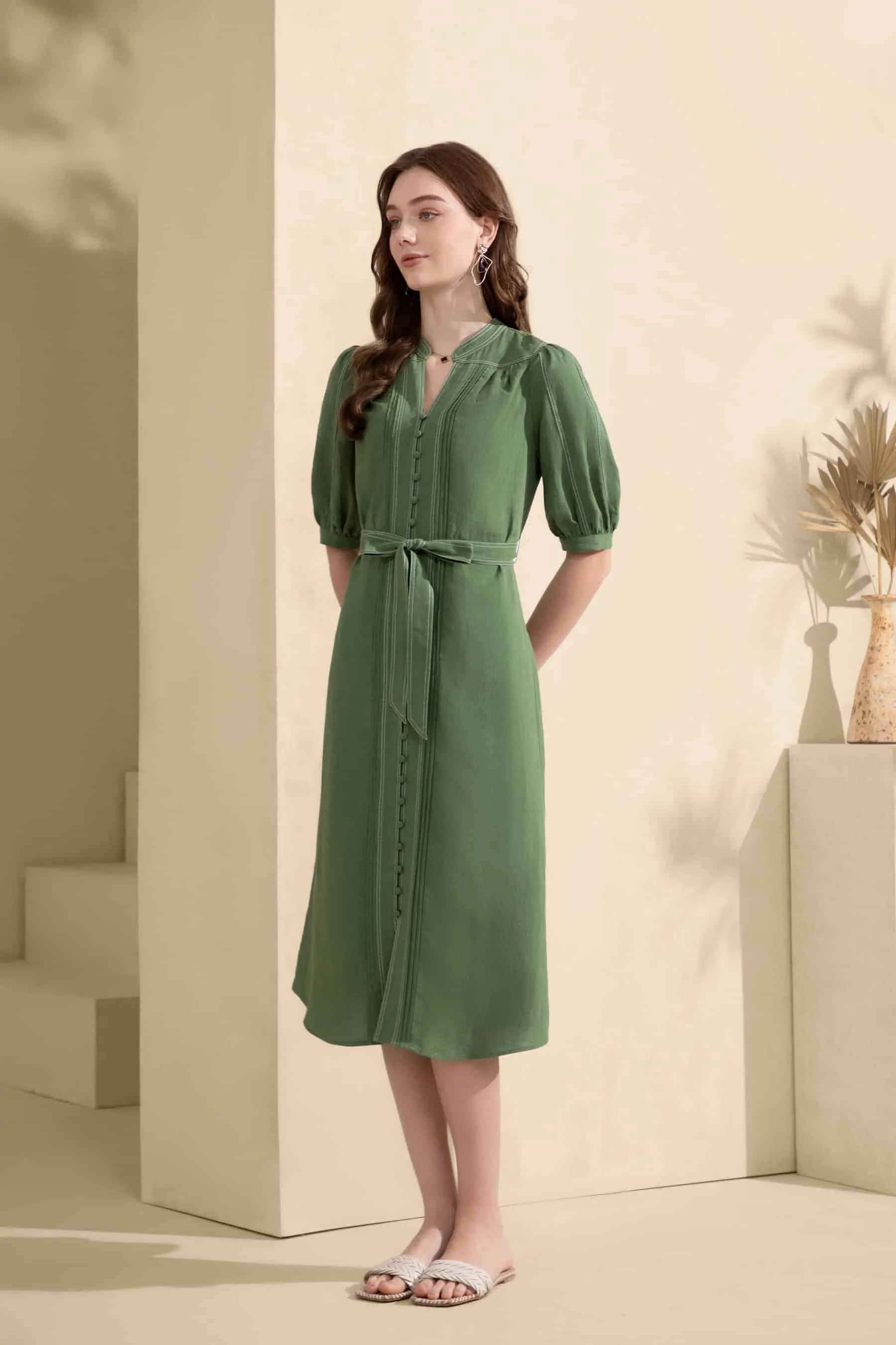 GDS Manhattan Long Linen  Dress |  Green Tambourine