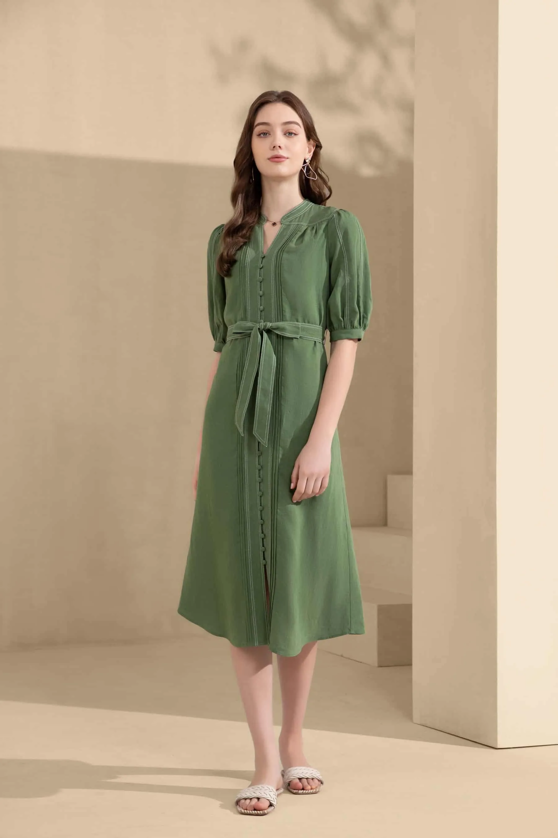 GDS Manhattan Long Linen  Dress |  Green Tambourine