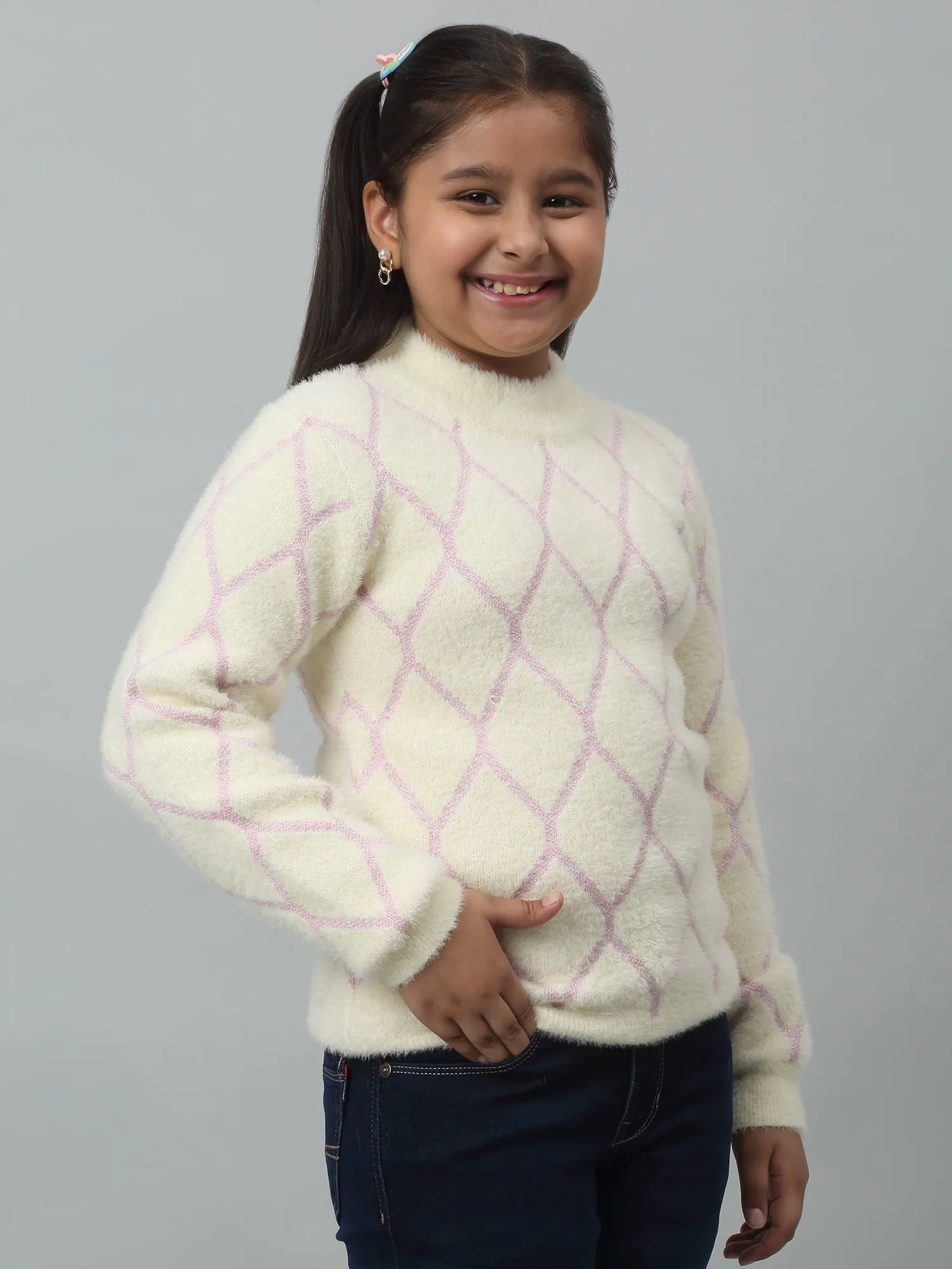 Girls Casual Ivory Full Sleeves  Sweater