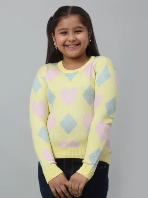 Girls Yellow Acrylic Geometric Print Sweater For Winter