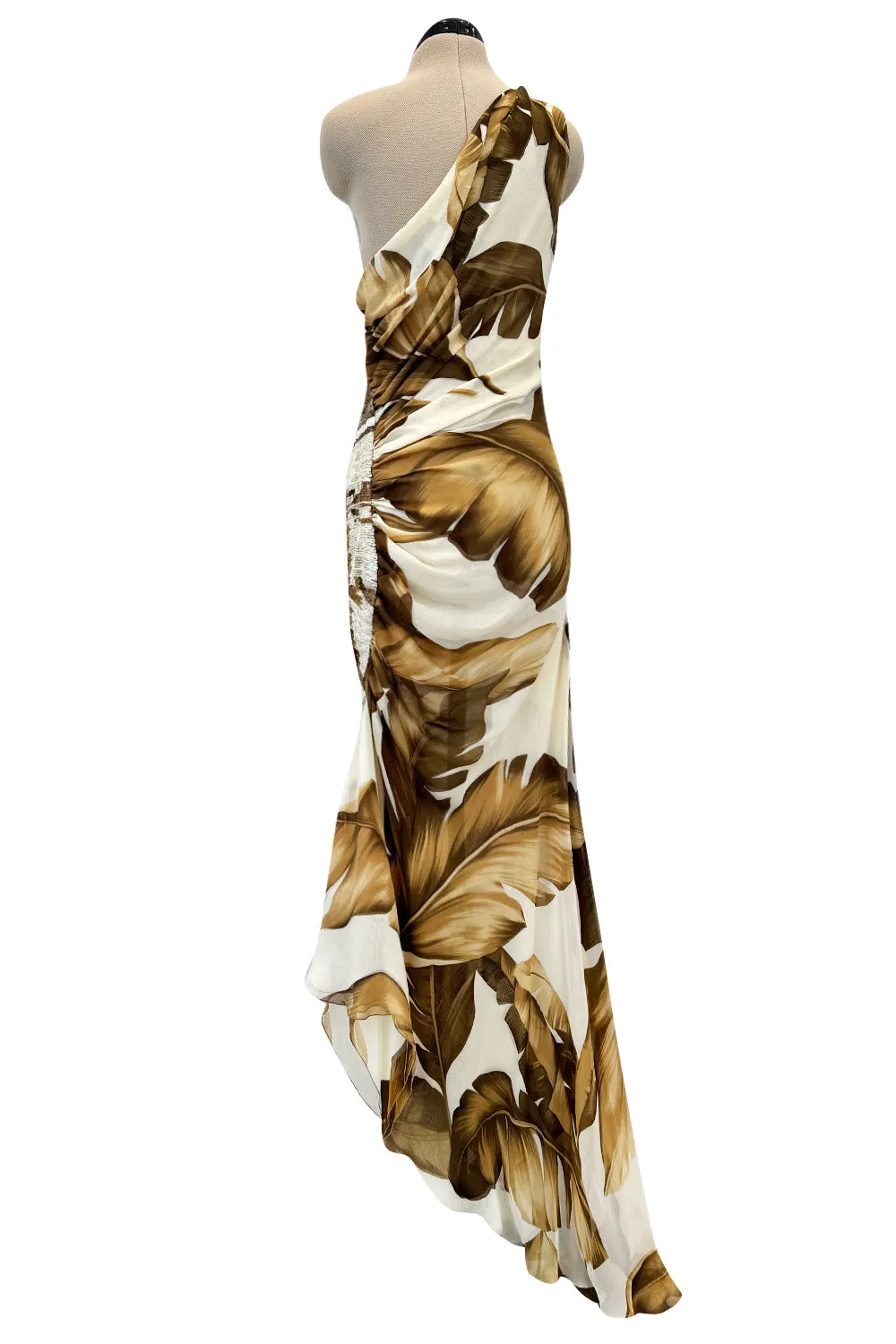 Gorgeous Spring 2003 Valentino Runway Look 59 Bias Cut Leaf Print Silk Dress w Sequin Detailing