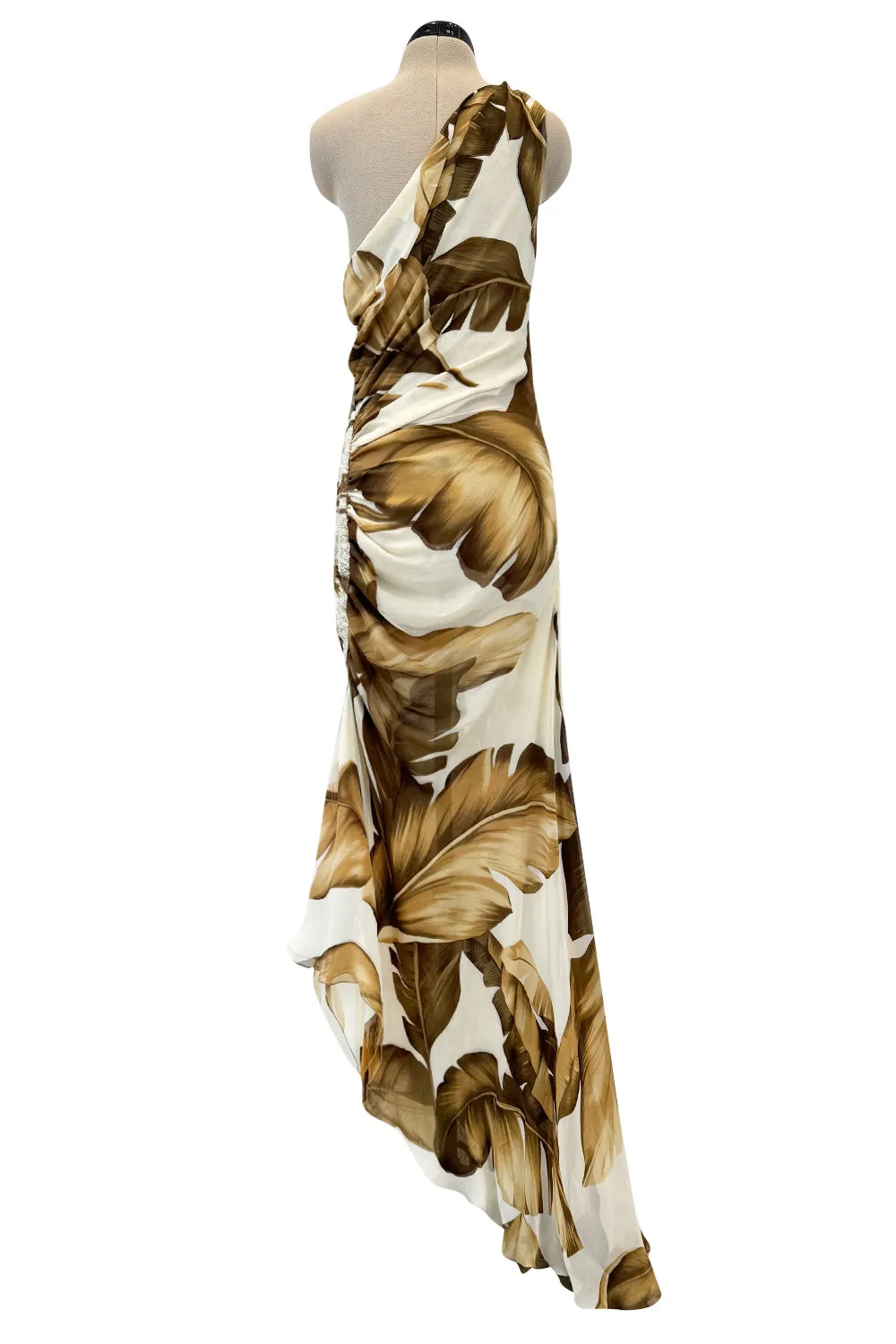 Gorgeous Spring 2003 Valentino Runway Look 59 Bias Cut Leaf Print Silk Dress w Sequin Detailing