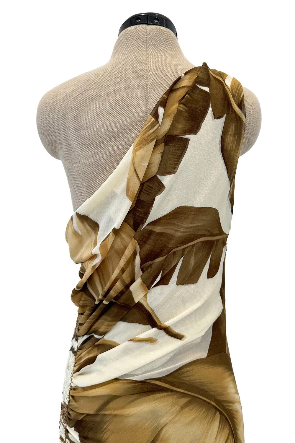 Gorgeous Spring 2003 Valentino Runway Look 59 Bias Cut Leaf Print Silk Dress w Sequin Detailing