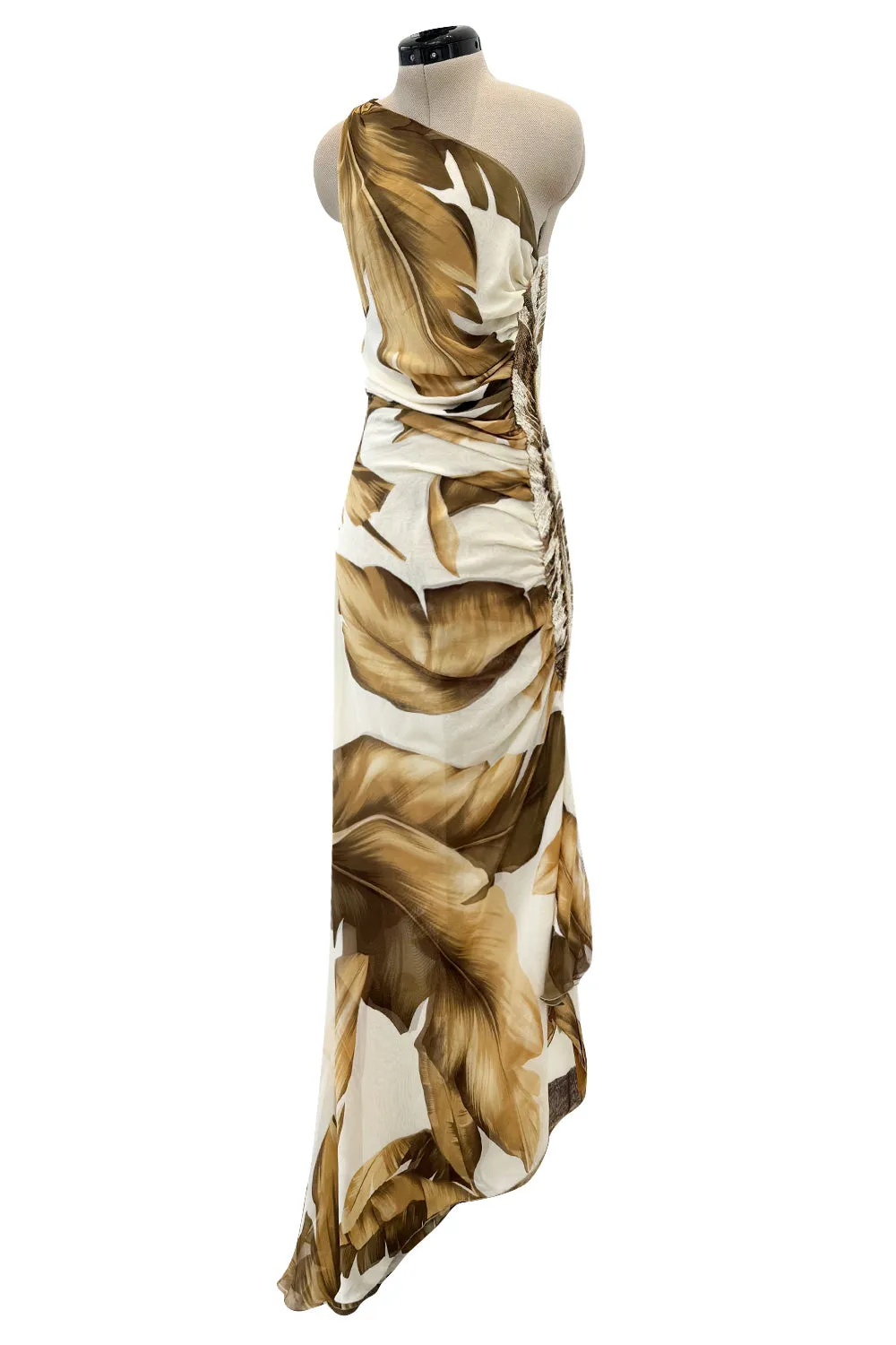 Gorgeous Spring 2003 Valentino Runway Look 59 Bias Cut Leaf Print Silk Dress w Sequin Detailing