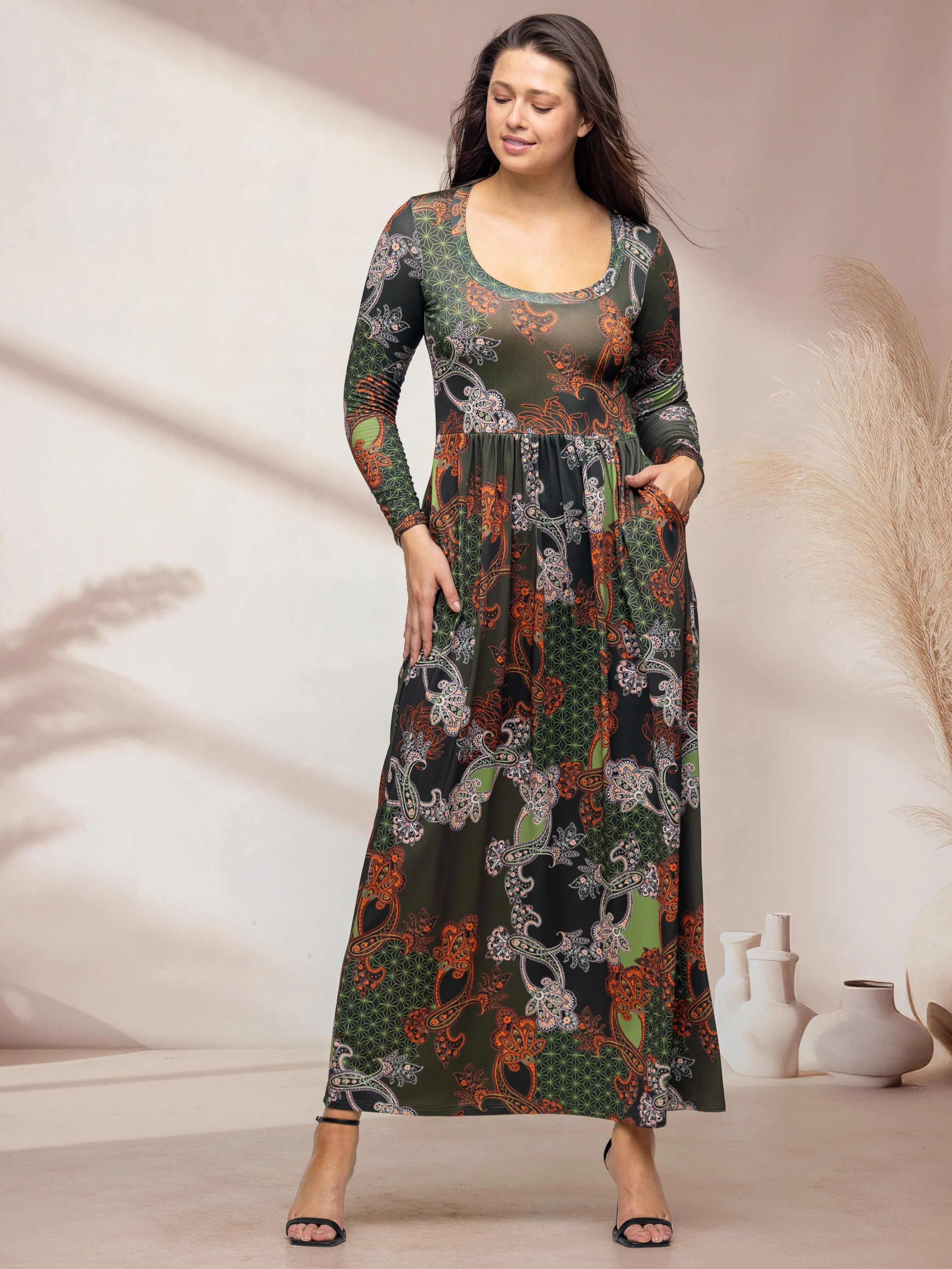 Green Long Sleeve Empire Waist Pocket Maxi Dress