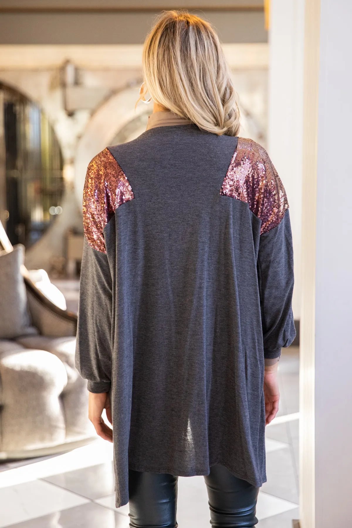 Grey Cardigan With Sequin Shoulders