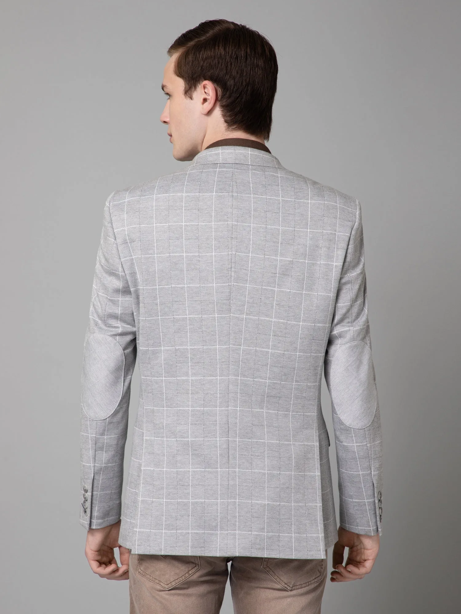 Grey Checkered Full Sleeves Casual Blazer For Men