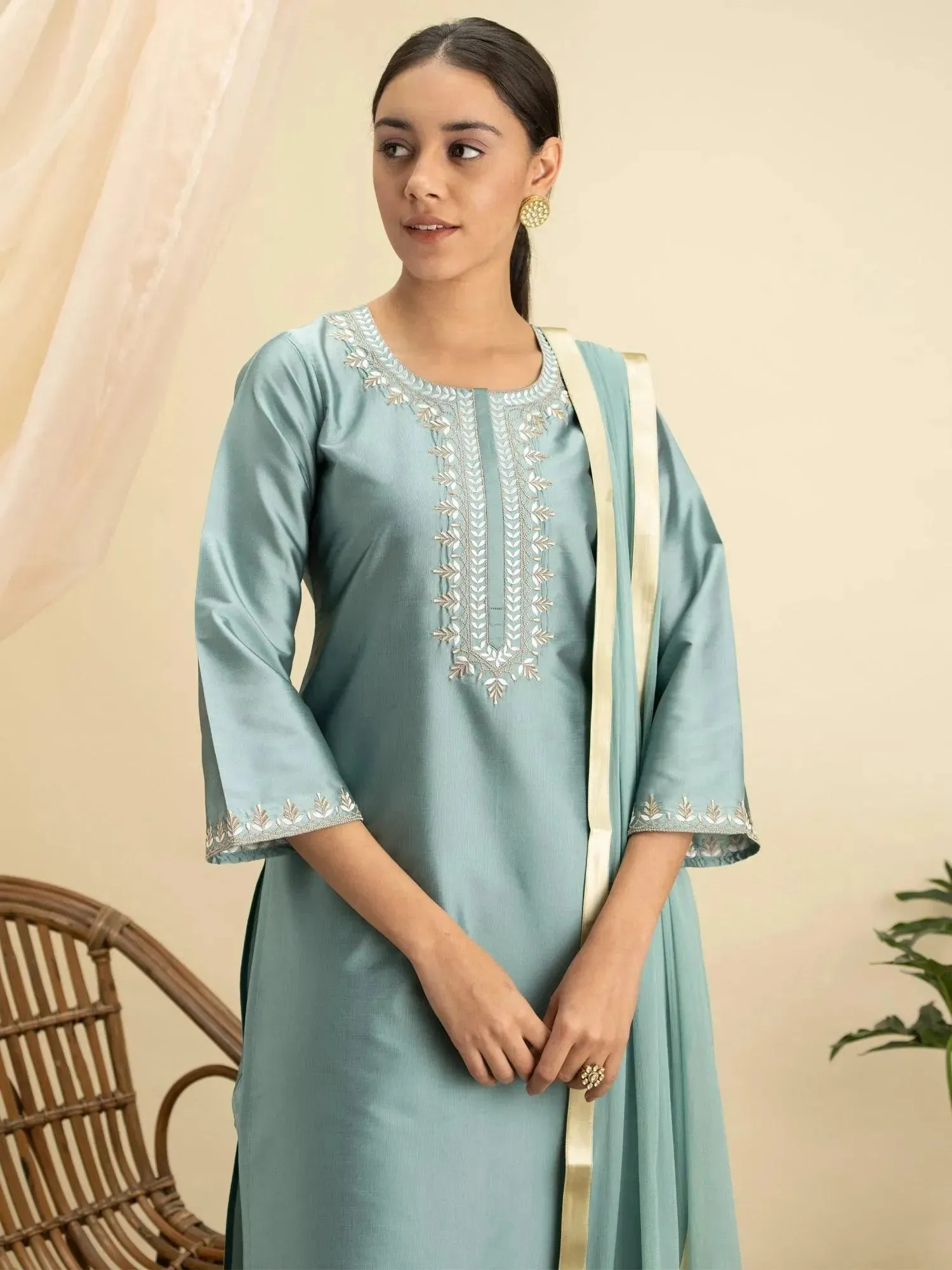 Grey Embroidered Silk Straight Kurta With Dupatta