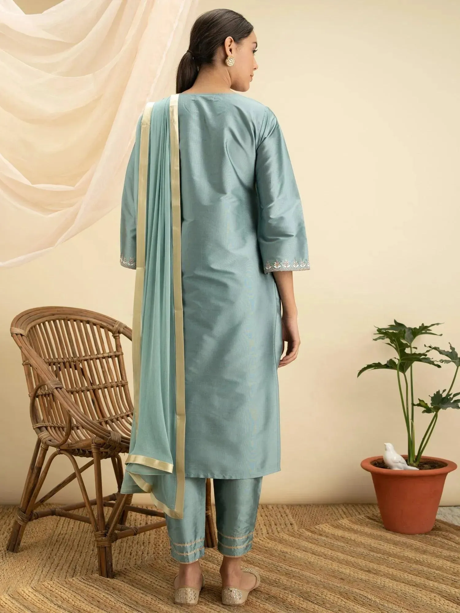 Grey Embroidered Silk Straight Kurta With Dupatta