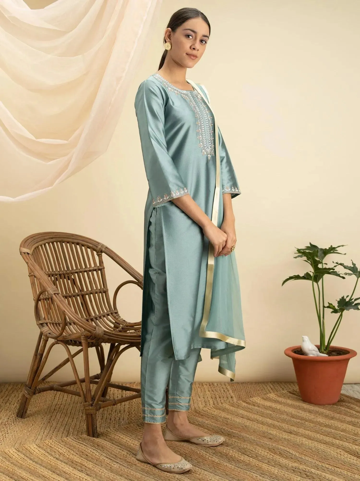 Grey Embroidered Silk Straight Kurta With Dupatta