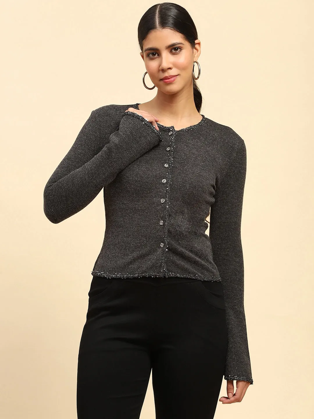 Grey Sequined Solid Poly Blend Slim Fit Cardigan