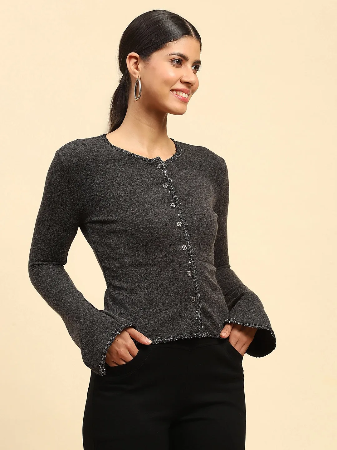 Grey Sequined Solid Poly Blend Slim Fit Cardigan