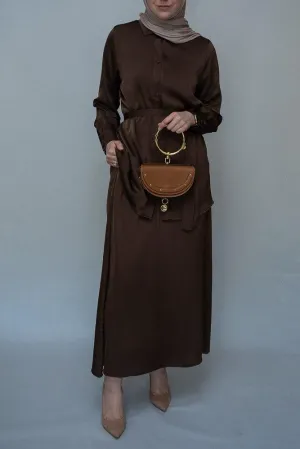 Hattei Blouse Skirt Modest set maxi skirt with elasticated waistband maxi sleeve buttoned shirt with a detachable belt in coffee brown