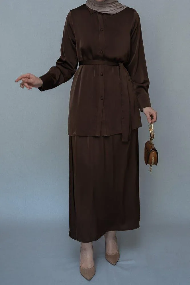 Hattei Blouse Skirt Modest set maxi skirt with elasticated waistband maxi sleeve buttoned shirt with a detachable belt in coffee brown