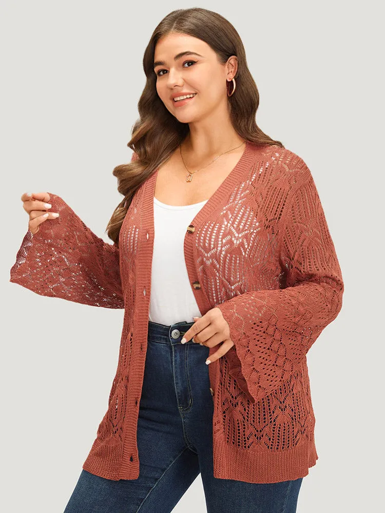 Hollow Out Button Down Bell Sleeve Cardigan