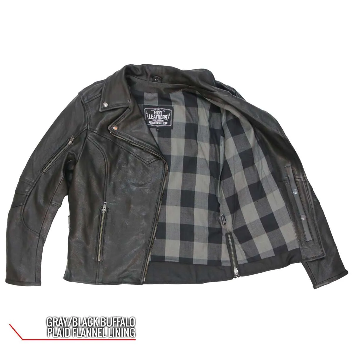 Hot Leathers JKL1034 Ladies Black Leather MC Jacket with Plaid Flannel Lining