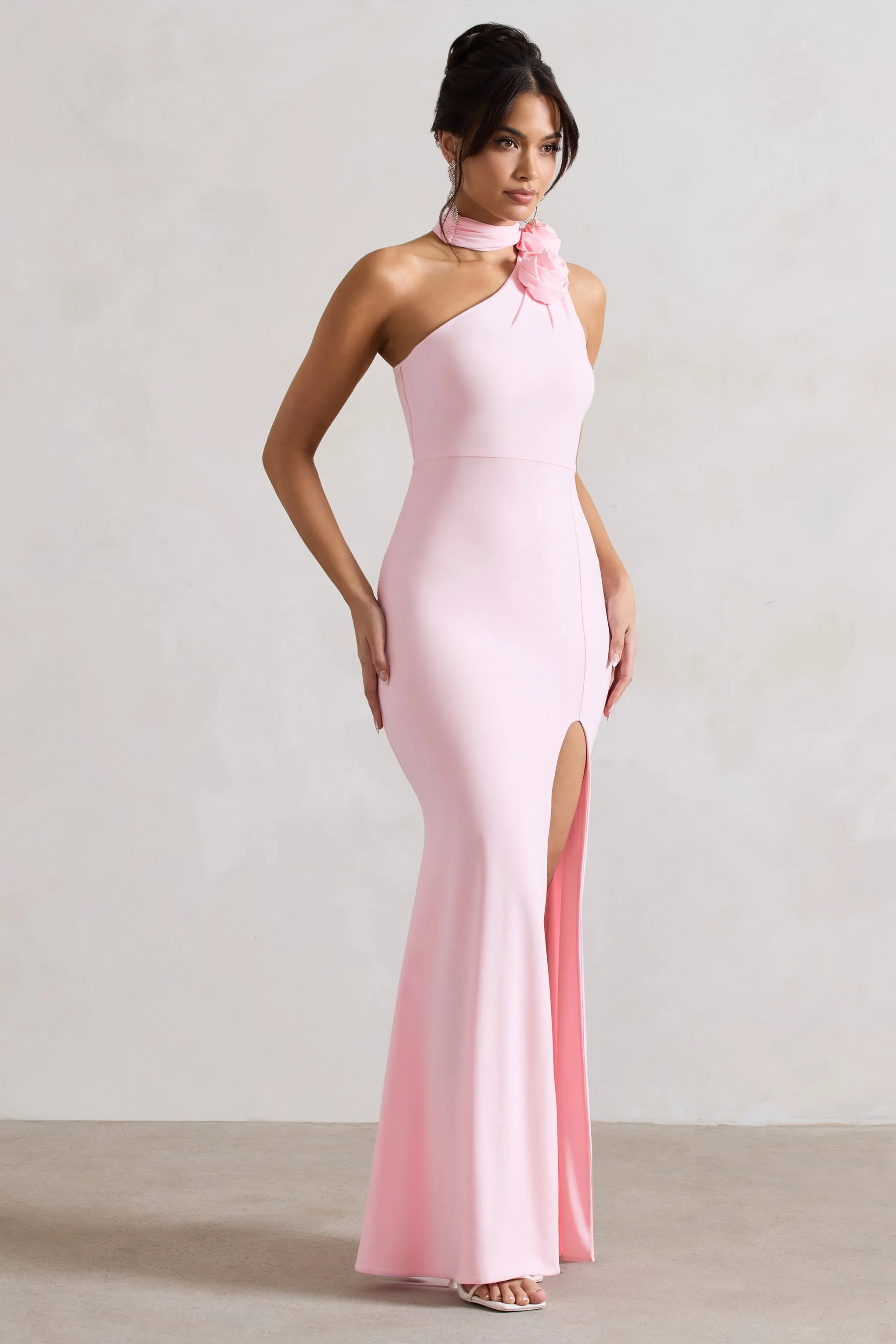 In Suspense | Pink One Shoulder Halter-Neck Split Maxi Dress With Flower