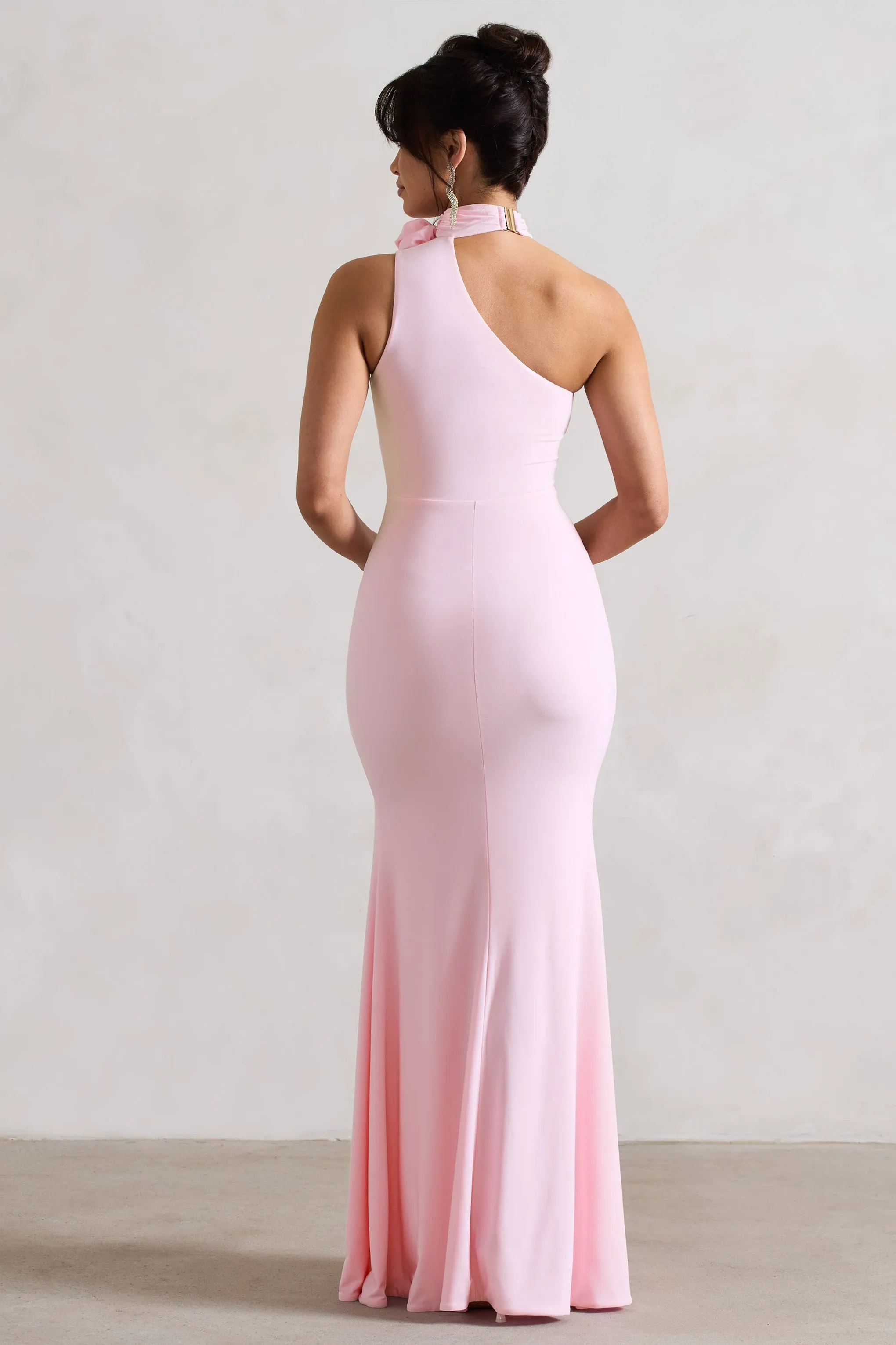 In Suspense | Pink One Shoulder Halter-Neck Split Maxi Dress With Flower