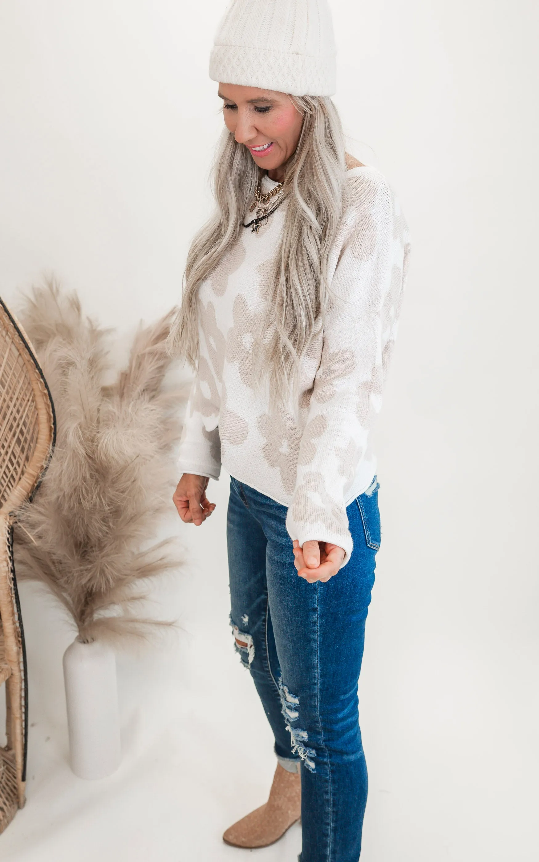 Ivory Floral Sweater Knit Top