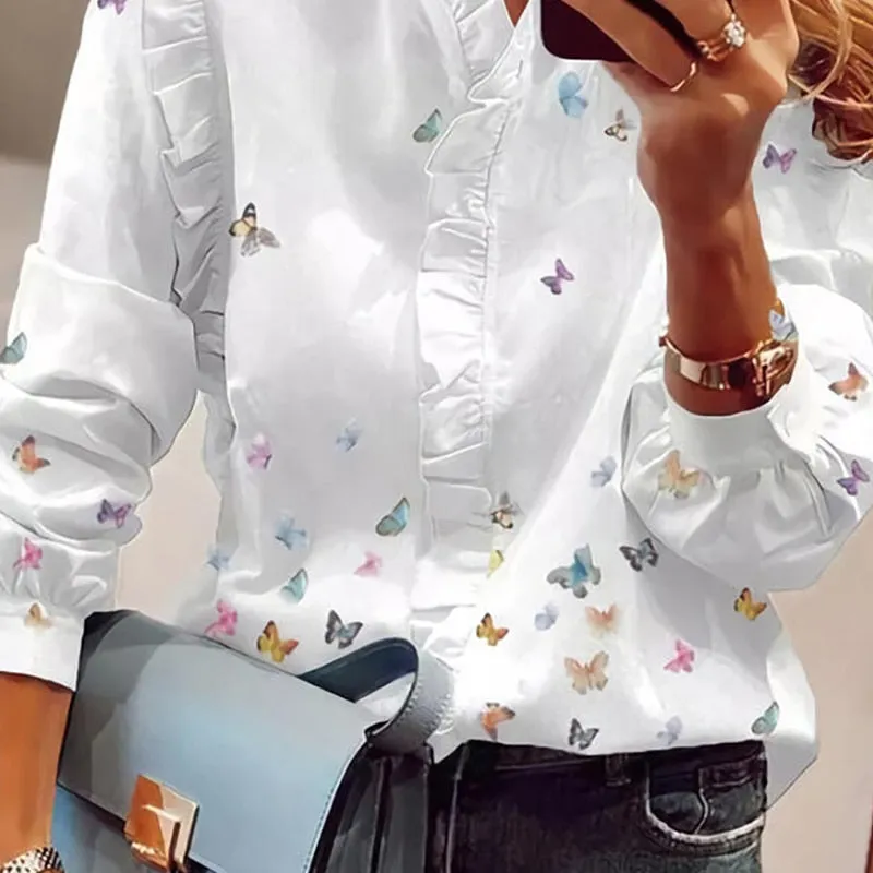 Joskaa Women Elegant Fashion Butterfly Print Blouses Top Ruffled Trim Casual Long Sleeve Blouse