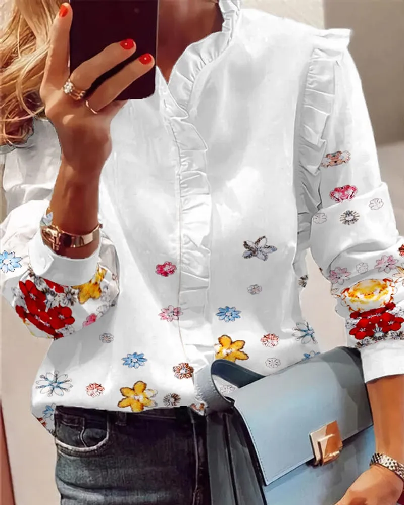 Joskaa Women Elegant Fashion Butterfly Print Blouses Top Ruffled Trim Casual Long Sleeve Blouse