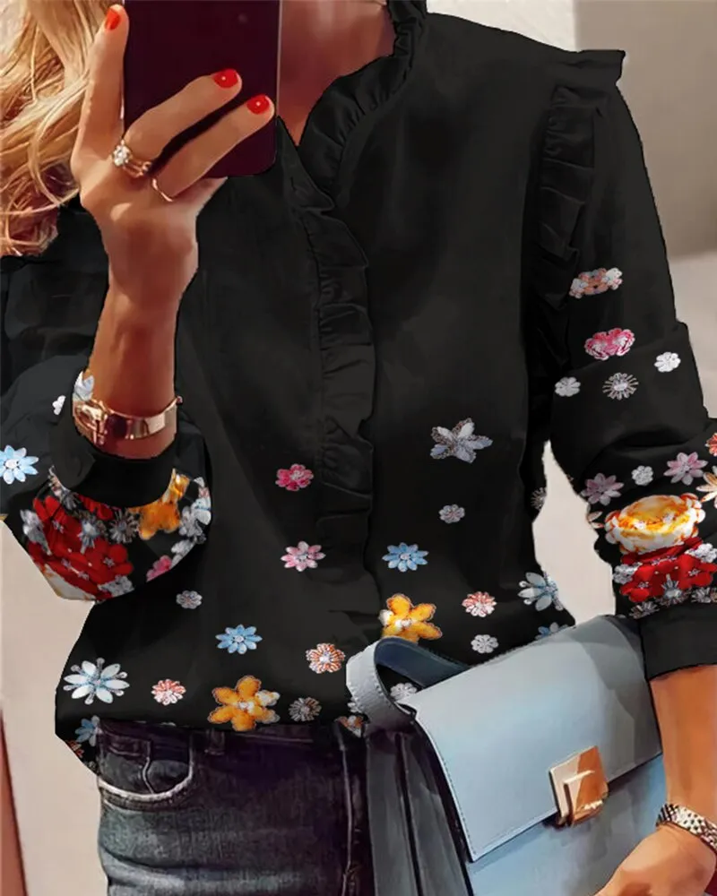 Joskaa Women Elegant Fashion Butterfly Print Blouses Top Ruffled Trim Casual Long Sleeve Blouse